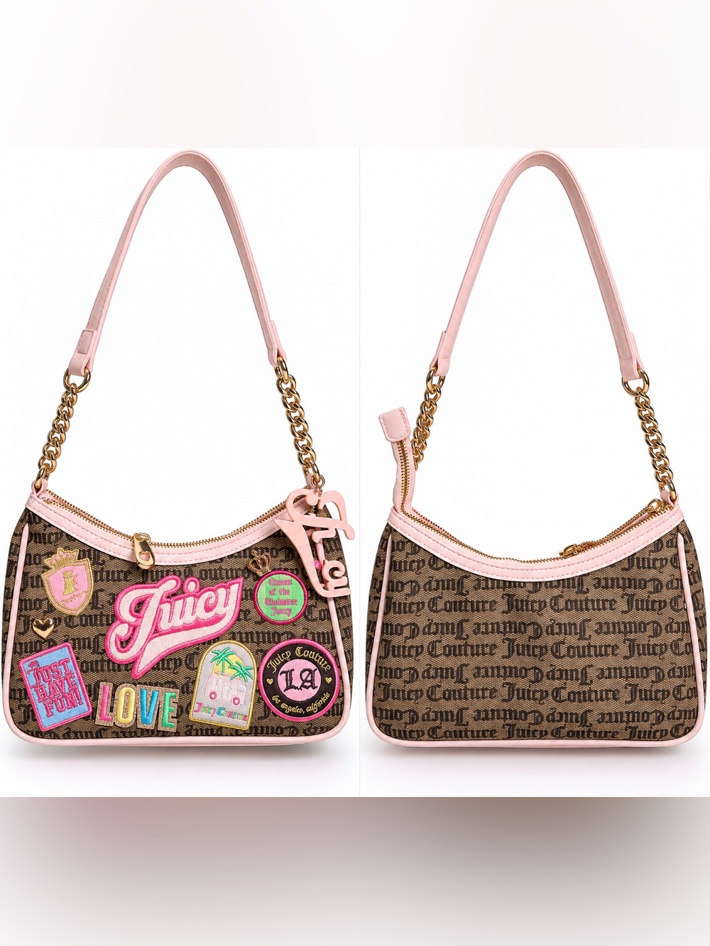 Juicy Couture Brown Monogram Shoulder Bag with Pink Trim and Gold Chain
